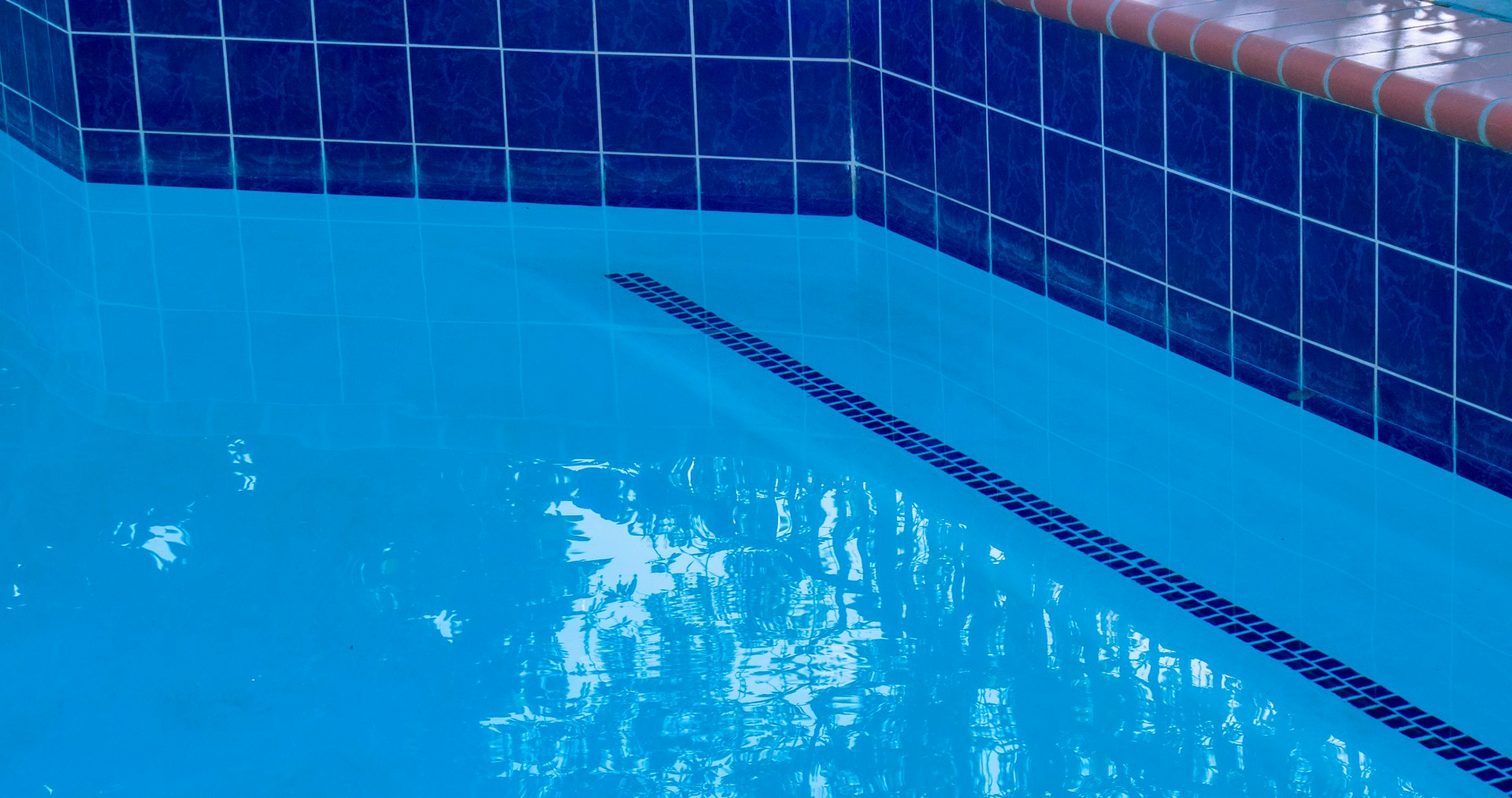 blue swimming pool with black metal railings